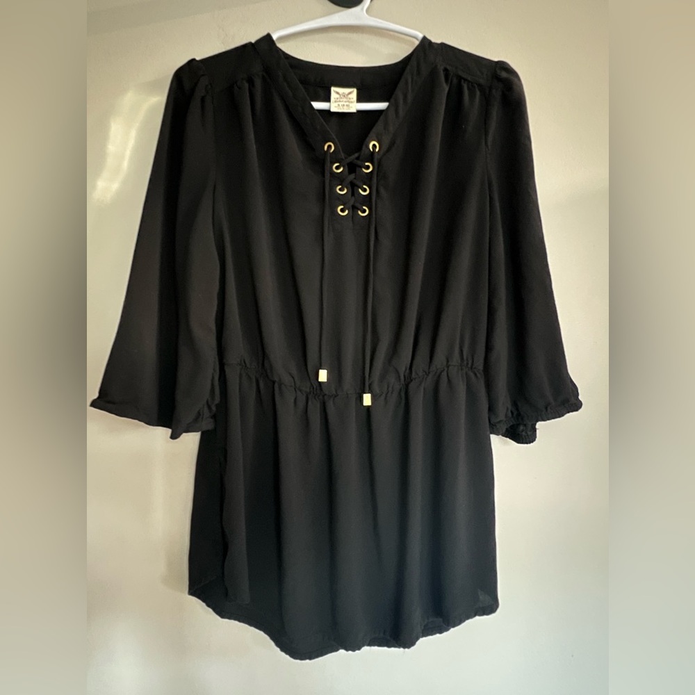Faded Glory Women's Black Boho Renaissance Gothic Lace Up Peasant Top Blouse S